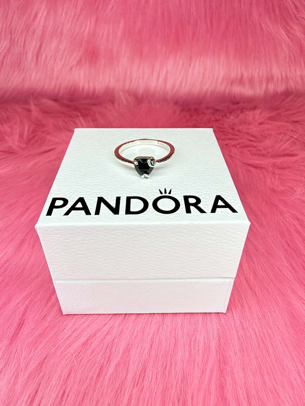 Pandora Silver Heart Ring with Black Enamel Accent - Pink